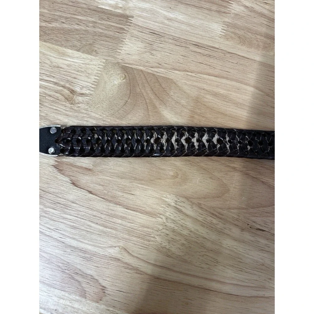 Mens 100% Leather Woven Belt. Heavy Silver Buckle Sz 42 Some wear on‎ inside
